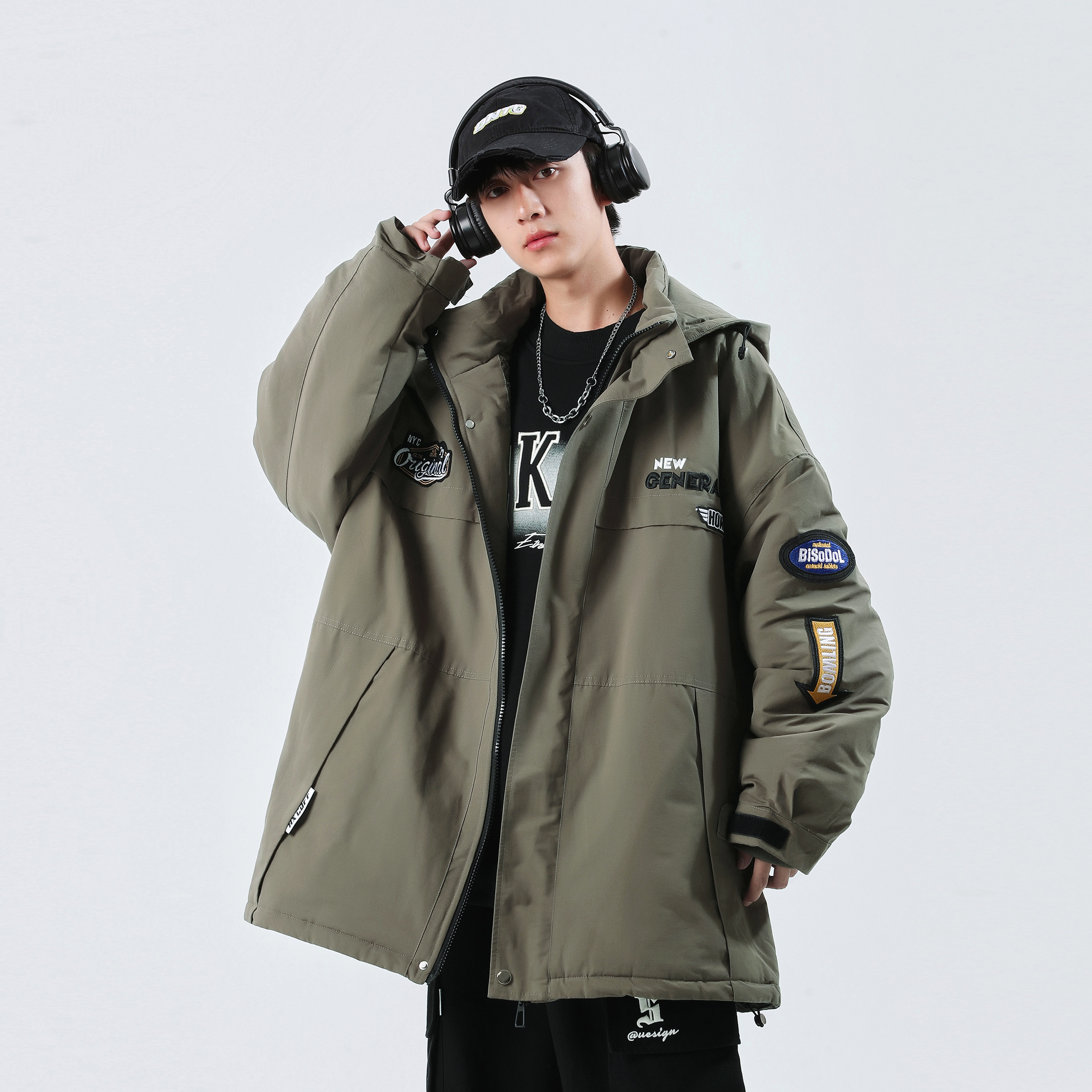 加棉外套青少年中大童潮流工装加大码中长款时尚简约加棉风衣外套