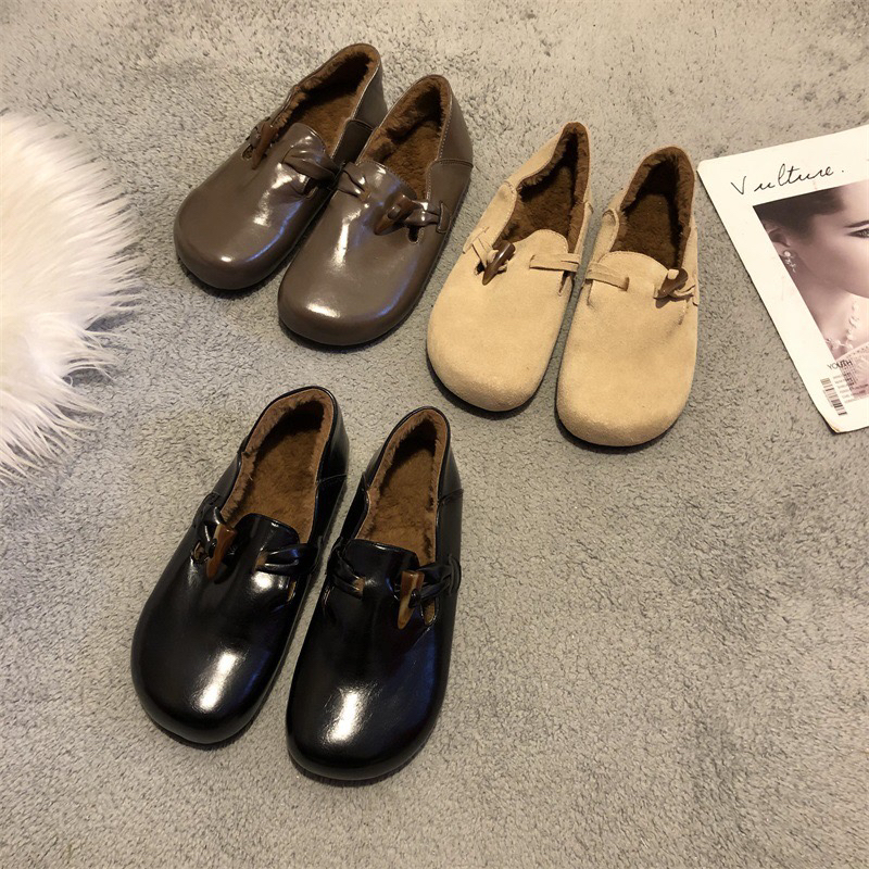 U+秋冬扣件款皮面加绒勃肯韩版懒人鞋一脚蹬软底软面保暖平底鞋女