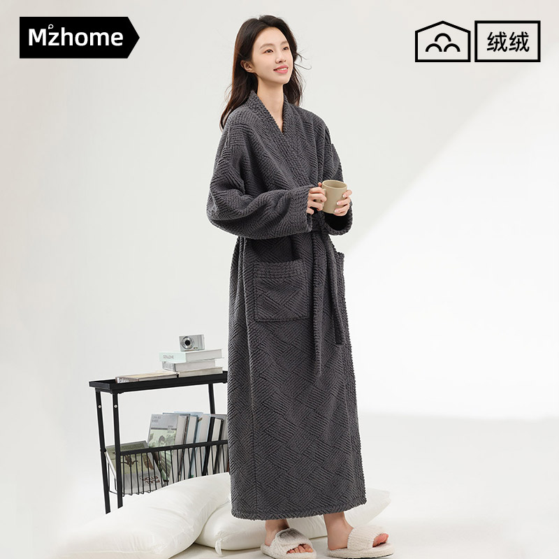 睡袍女秋冬季新款珊瑚绒加绒加厚半边绒睡衣男士浴袍加长款家居服