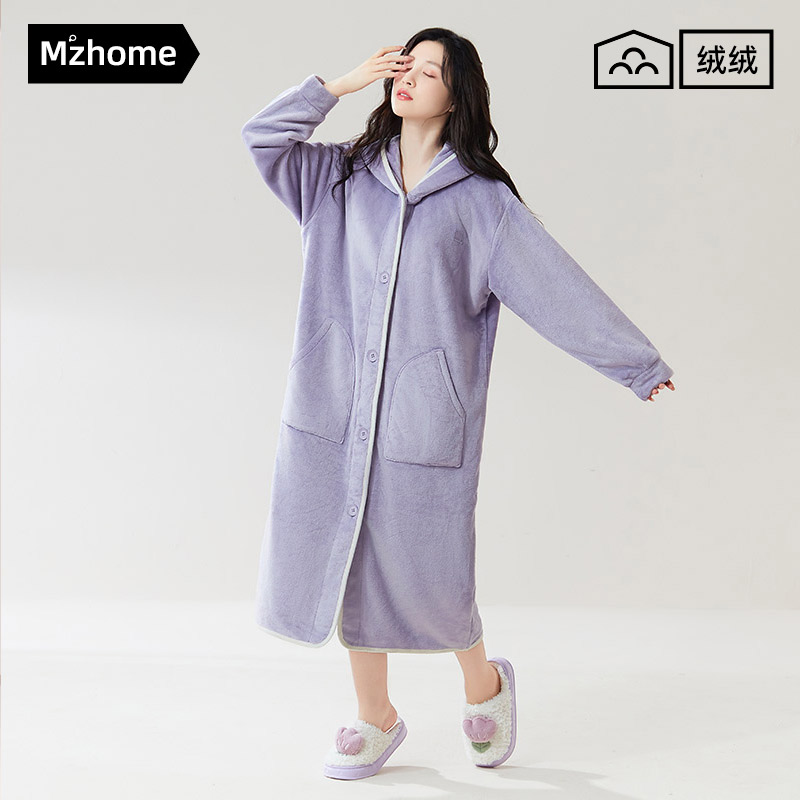 连帽睡袍女秋冬季加厚保暖珊瑚绒带帽中长款浴袍家居服长款可外穿