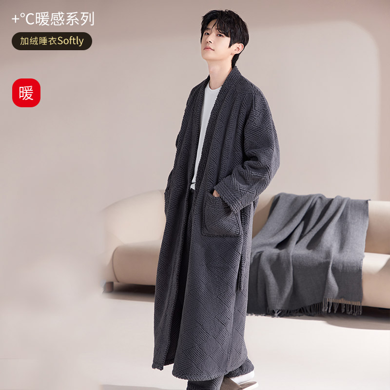 睡袍男秋冬款半边绒家居服加绒加厚珊瑚绒睡衣男大码晨袍保暖长袍