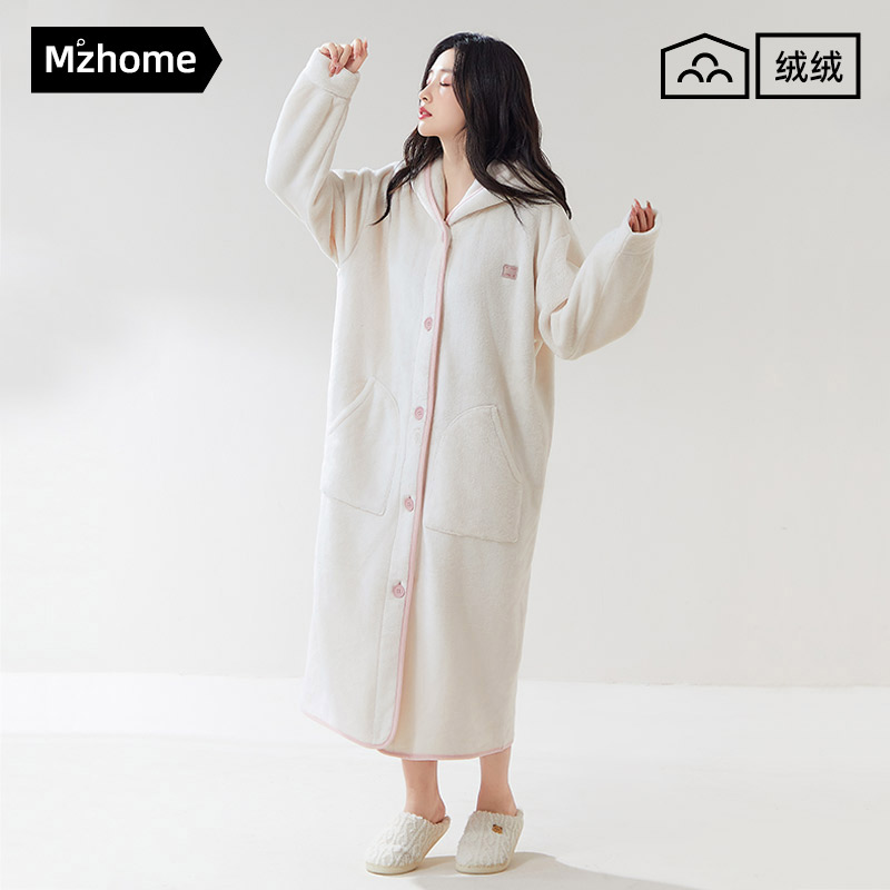 睡袍女款秋冬季加绒加厚珊瑚绒长款连帽睡衣法兰绒白色家居服长袍