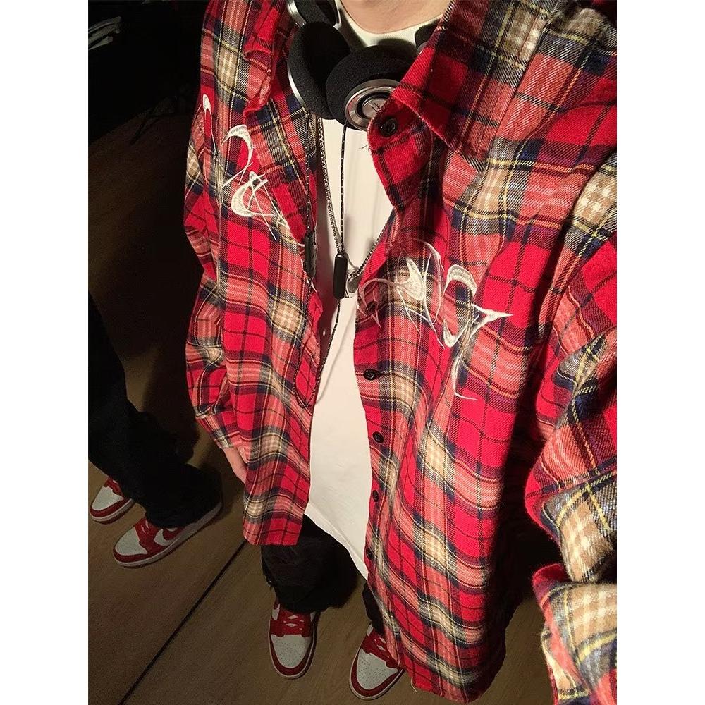 美式高街复古刺绣红色格子衬衫男女秋oversize衬衣格纹长袖外套潮