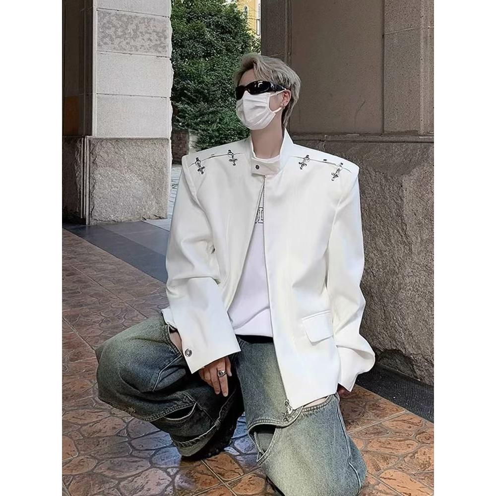 高级感解构飞机扣西装外套潮牌男oversize设计感白色垫肩夹克西服