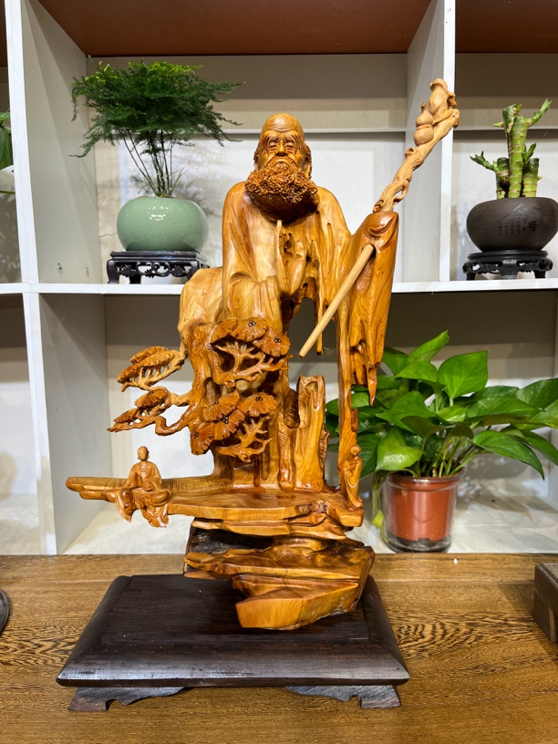 太行崖柏全陈华红油香料纯手工镂空雕刻松下听禅精品木雕摆件