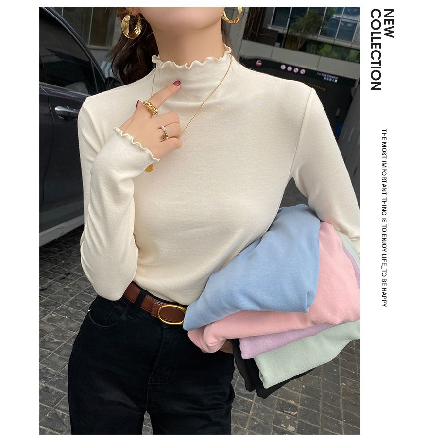 秋冬时尚半高领木耳边加厚打底衫T恤女百搭纯色长袖修身内搭上衣
