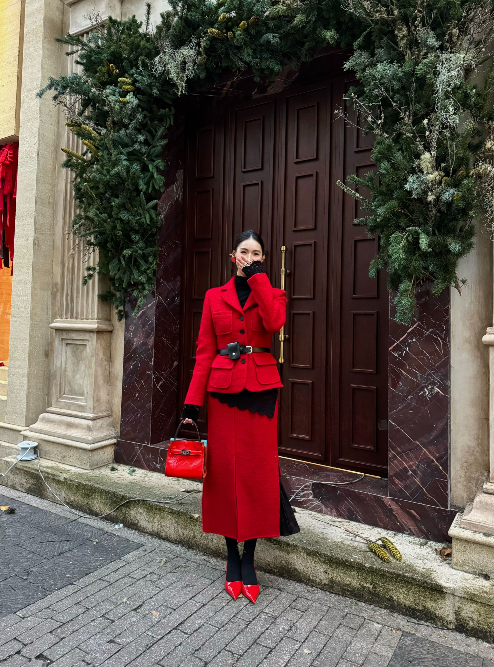 XIANPIN/鲜品【圣诞红】24年冬季时尚新款设计师羽绒羊毛毛呢套装