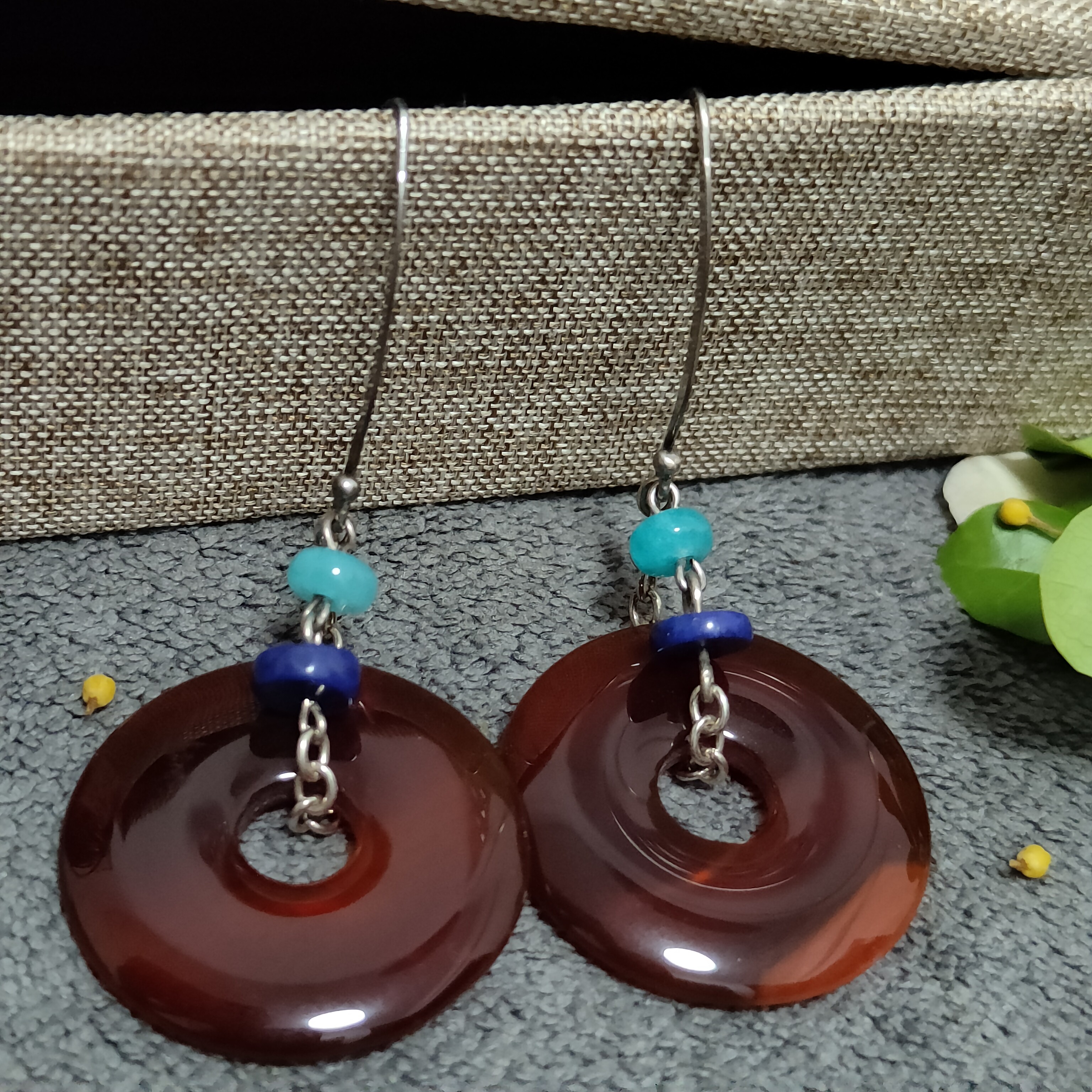 通体S925银镶嵌天然红玛瑙29毫米左右平安扣大耳吊