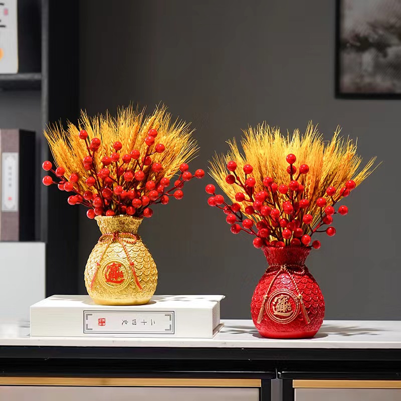 泉屿开业乔迁喜事发财红果黄金麦穗仿真花瓶招财袋子客厅电视柜