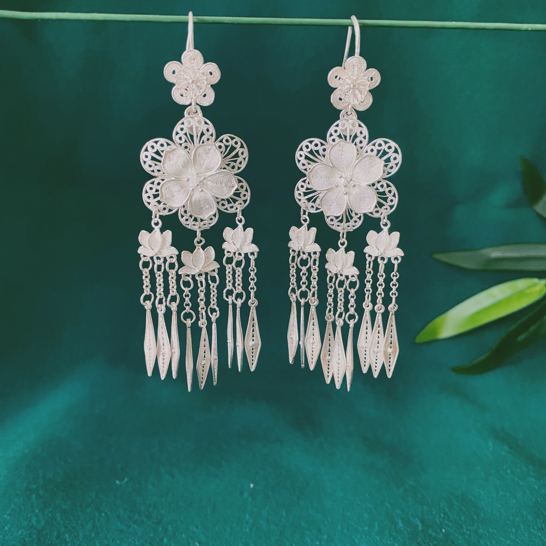 足银耳饰 佰利银饰足银花朵流苏耳环长款古风重工纯手工气质精美