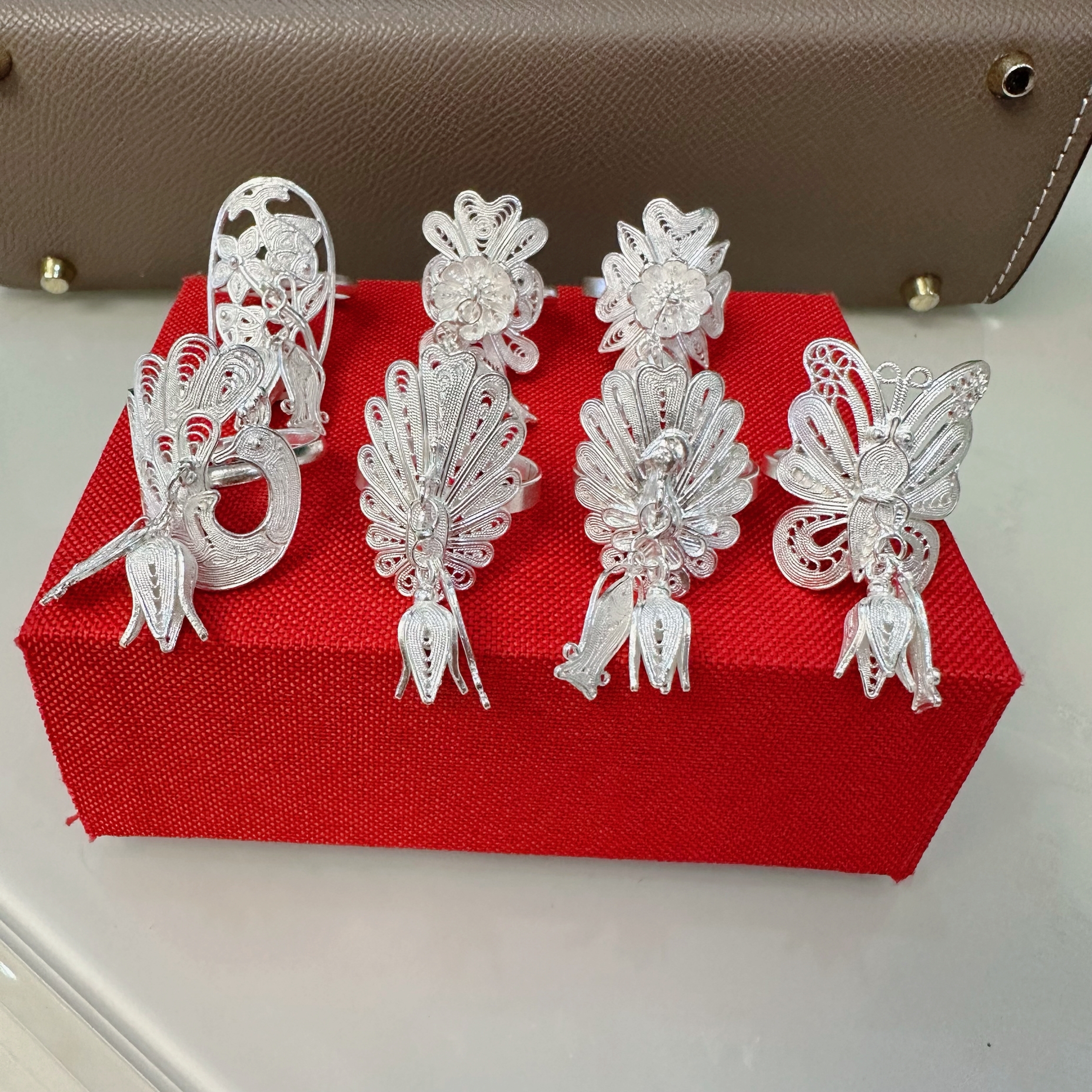 足银戒指 佰利银饰 足银流苏吊鱼戒指苗族结婚纯手工掐丝民族风