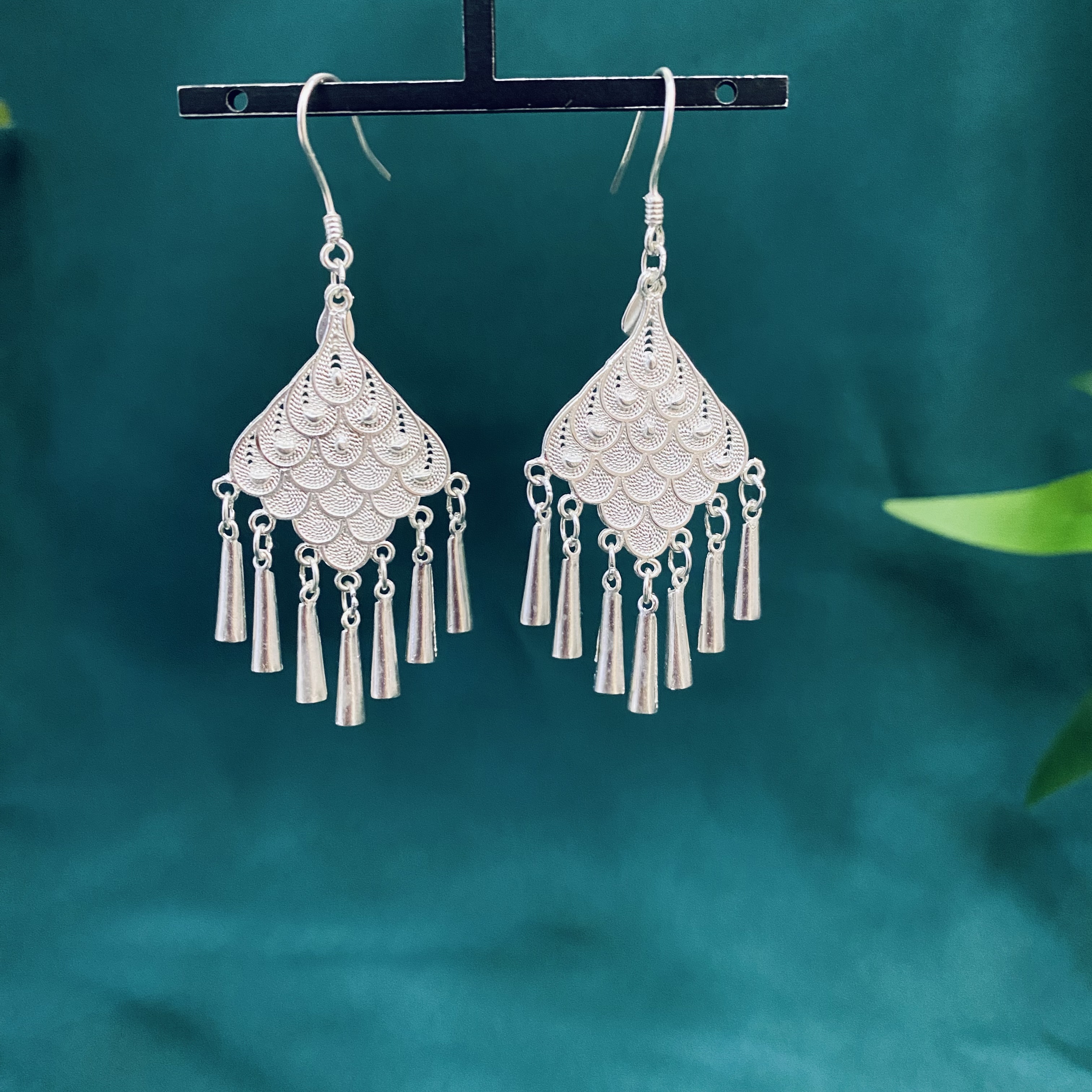 足银耳饰 佰利足银气质菱形龙鳞百搭个性素款足银耳饰耳吊纯手工