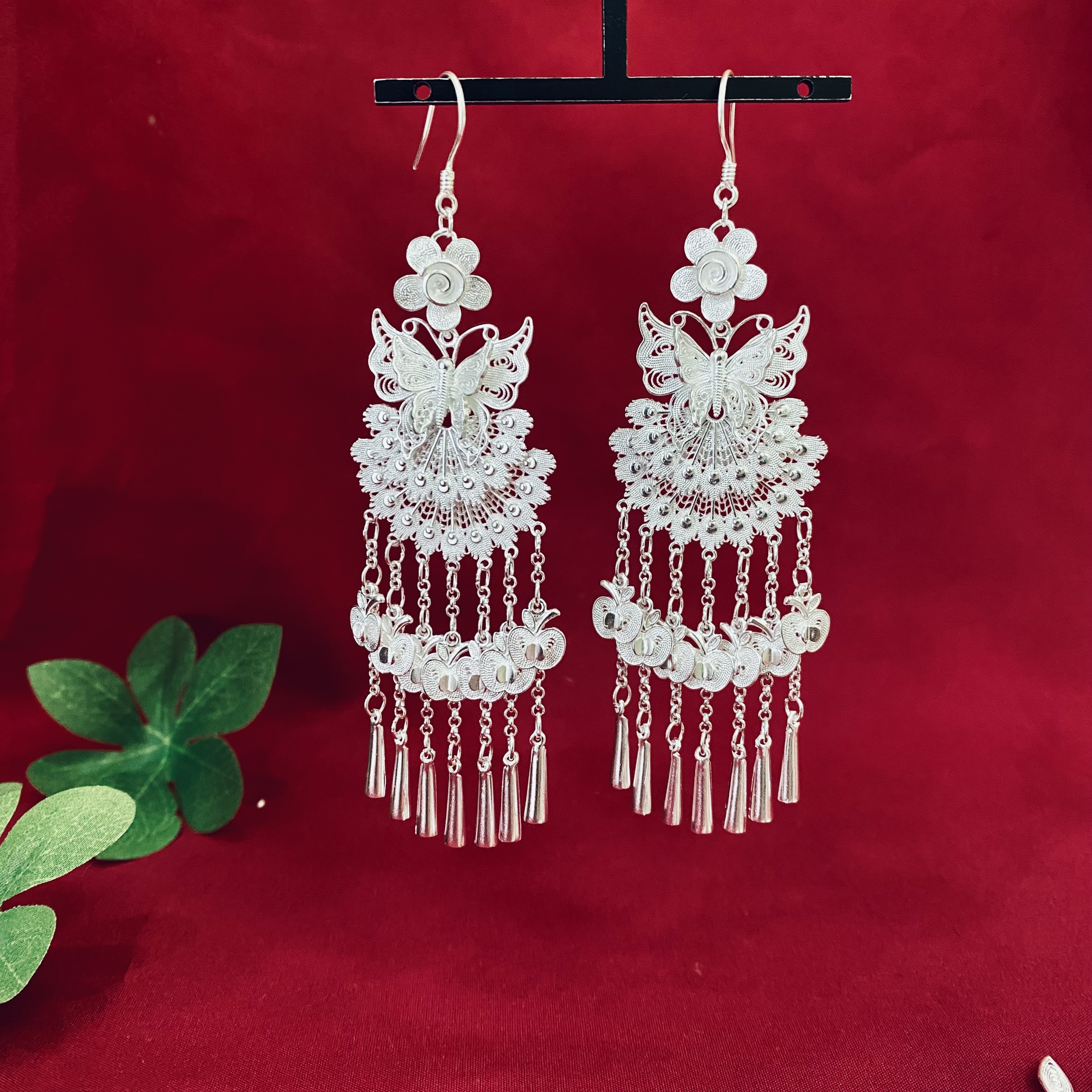 足银耳饰 佰利银饰足银蝴蝶民族风长流苏耳环苗族长款古风耳坠
