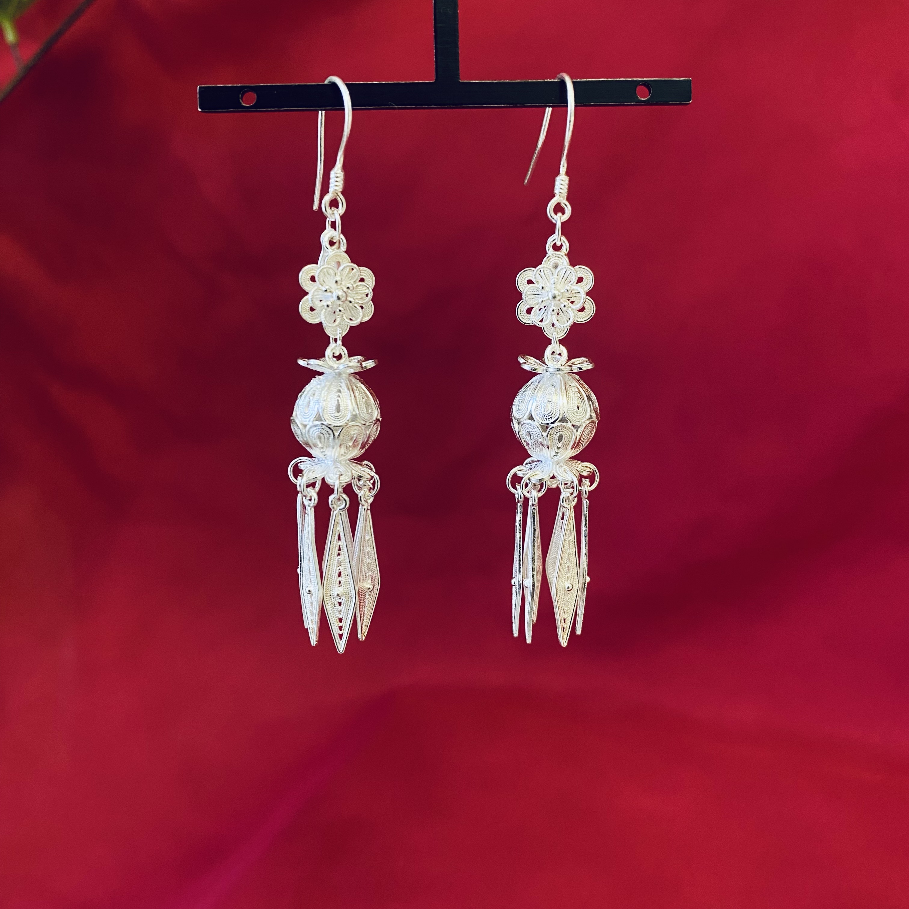 足银耳饰 佰利银饰足银灯笼流苏绣球吊花丝菱形耳饰轻奢气质简约