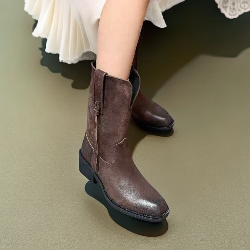 复古粗跟西部牛仔靴女2024秋冬新款平底切尔西靴圆头套筒短靴