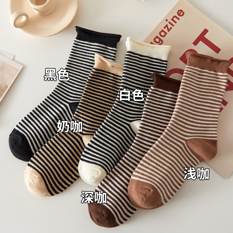 中筒袜女卷边条纹咖色系网红韩版学院风潮流ins堆堆袜运动棉袜子