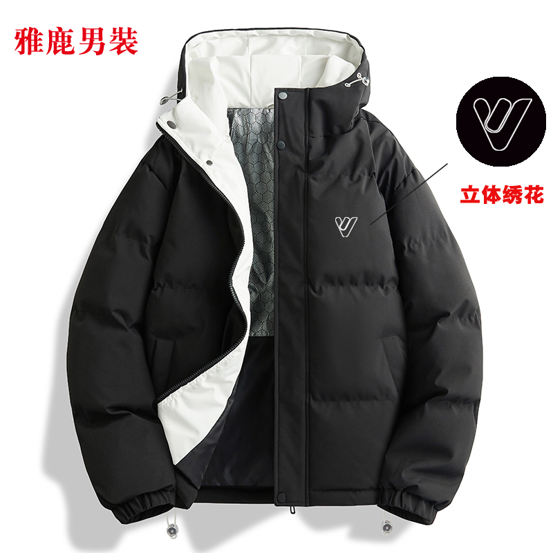 雅鹿男装女装韩版秋冬季宽松棉袄保暖潮流情侣连帽休闲绣花棉服