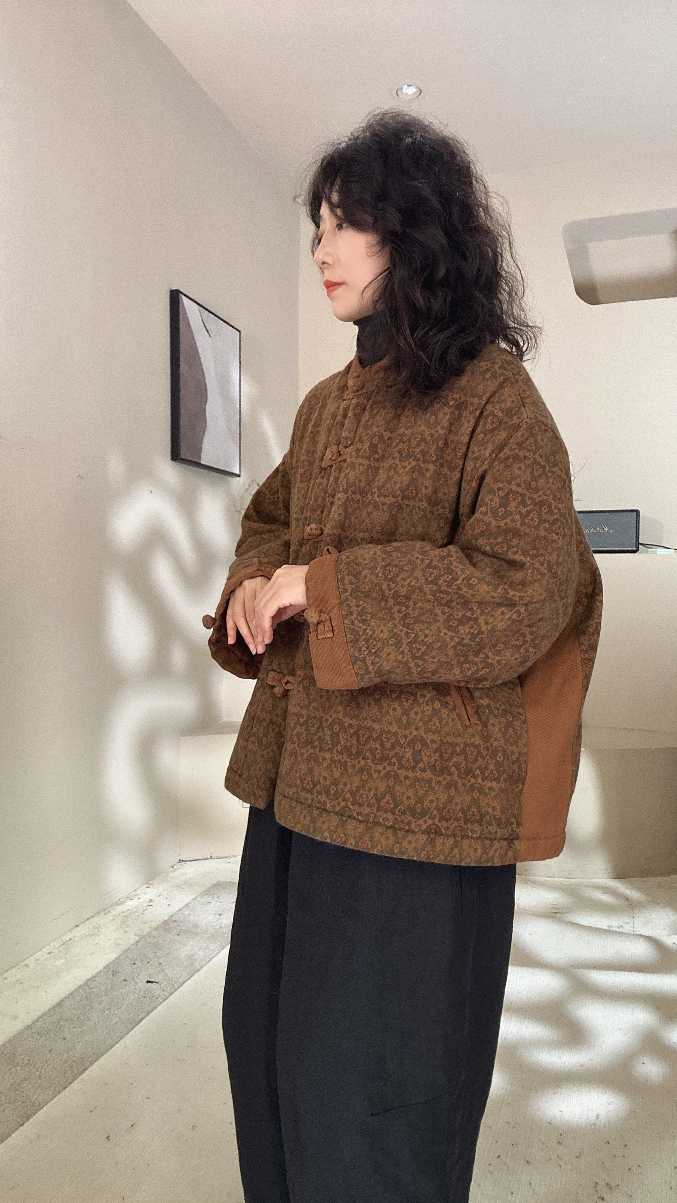 秋冬女装印花拼色新中式立领复古加厚宽松盘扣女棉服棉衣国风古韵