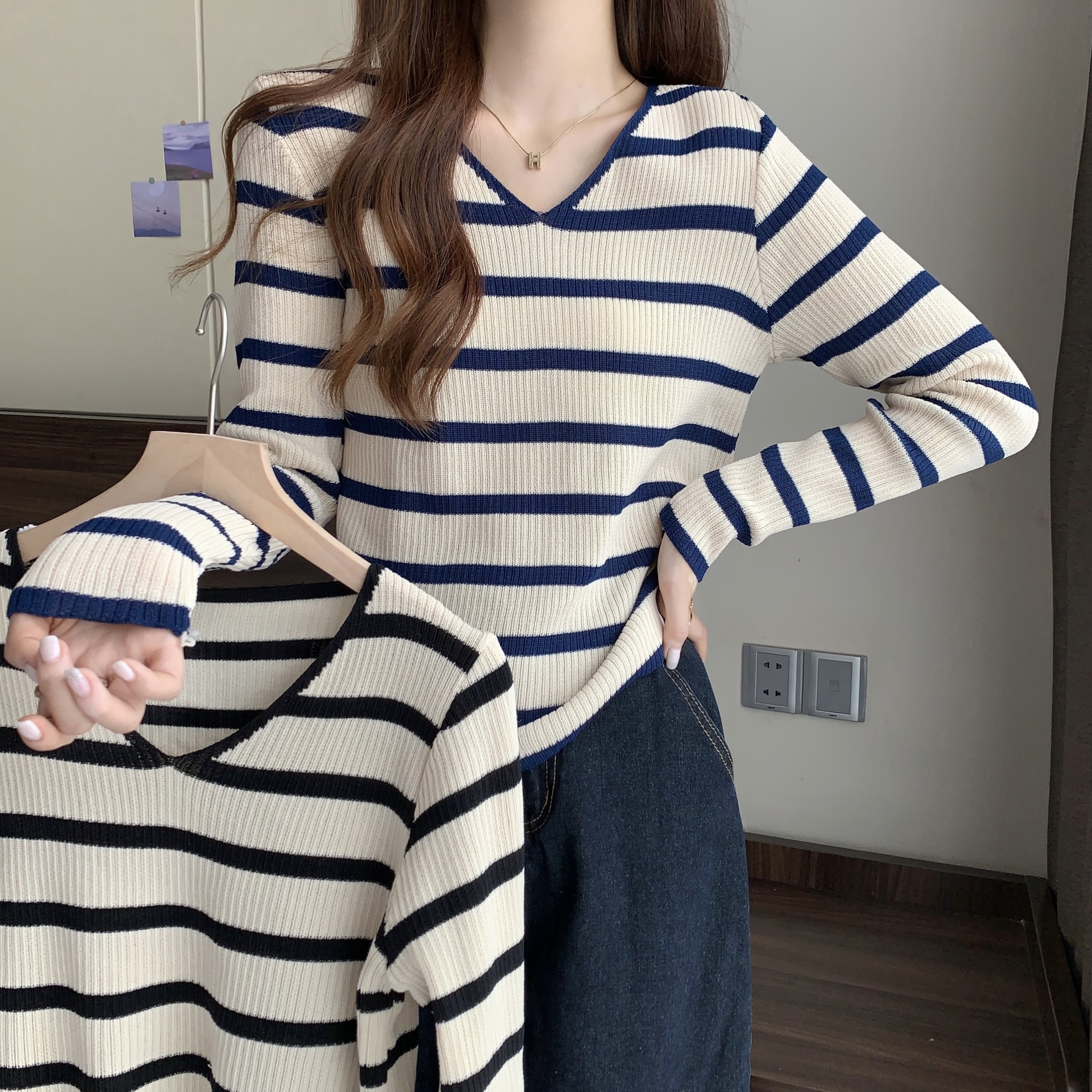 ~新款大码领条纹针织衫女打底衫设计感小众长袖上衣