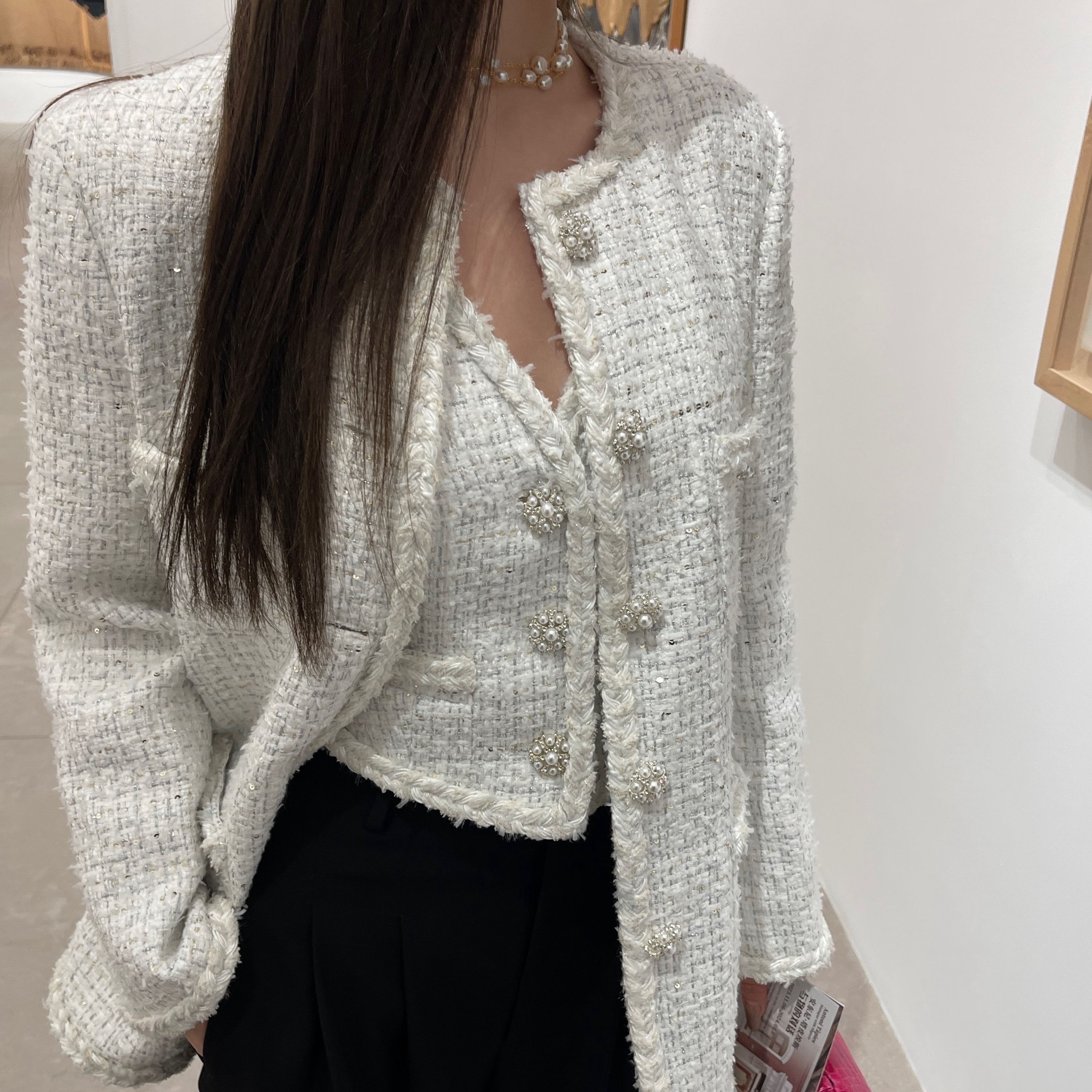 FBB limit小香套装女粗花呢编织拼织带钻扣宽松外套/马甲D233801X