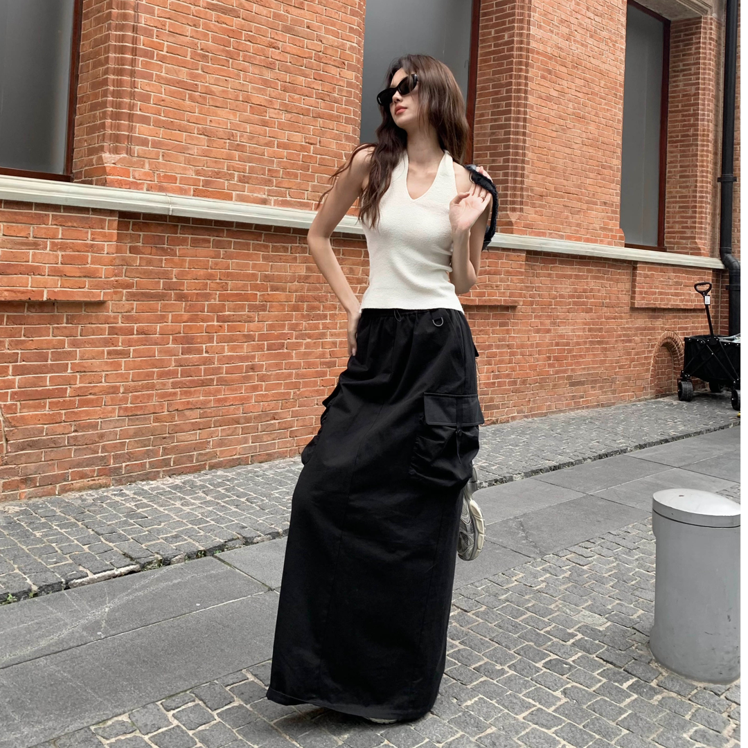 FBB limit夏季新款美式休闲工装裙女立体松紧腰半身裙D232317F