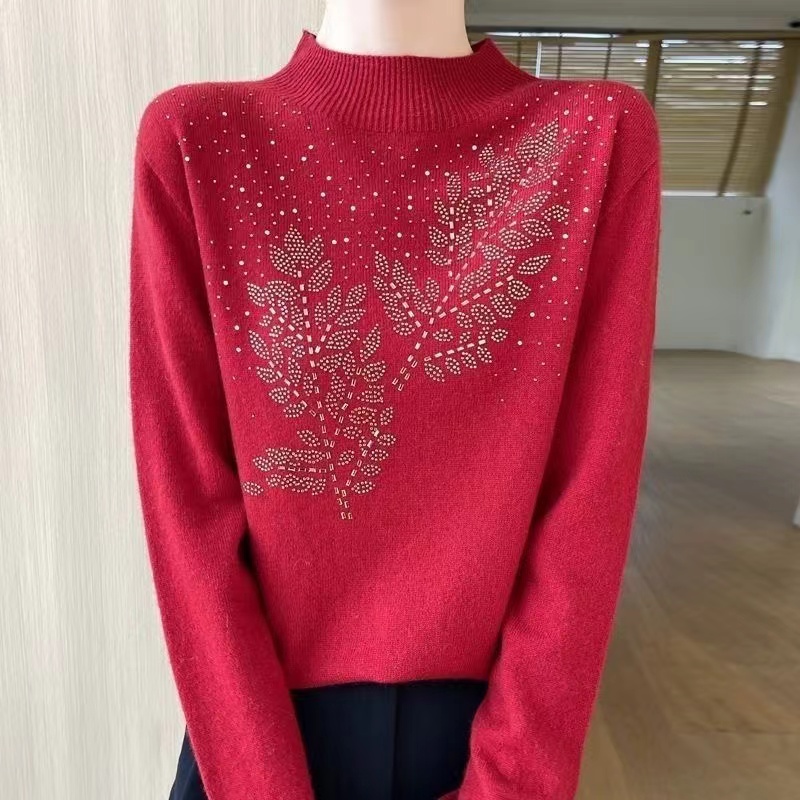 848秋冬女士半高领烫钻宽松新款打底衫针织长袖毛衣676