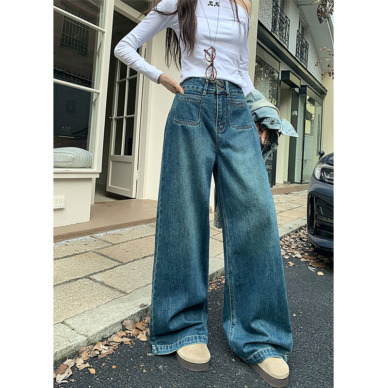 【现现专场】大码女秋冬美式复古高腰阔腿牛仔裤胖mm显瘦辣妹拖地裤