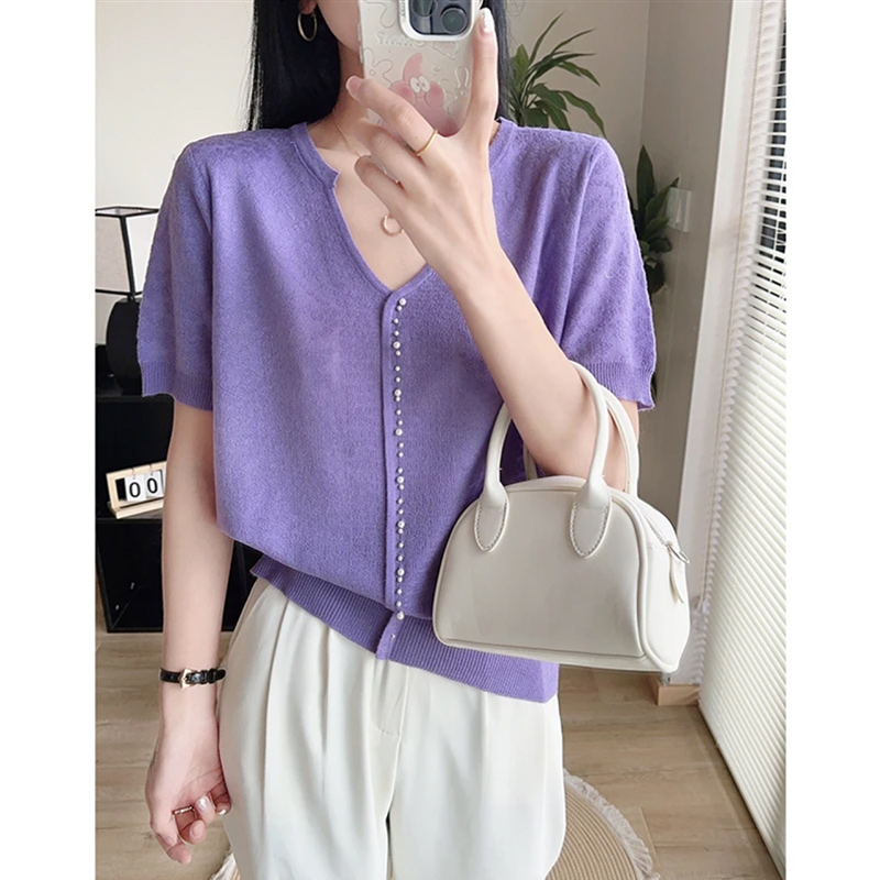 057#【漫天花雨--3D立体--紫色】夏季新款薄款针织短袖上衣女士t恤