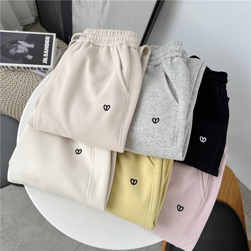 春秋巨显瘦小爱心刺绣棉质高个子小个子休闲裤女裤子百搭休闲裤女