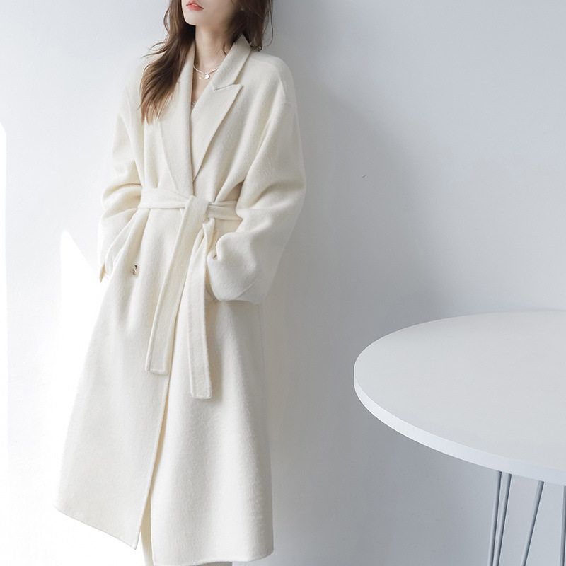 秋冬中长款美拉德双面绒毛呢外套女米白色高档慵懒小个子呢子大衣