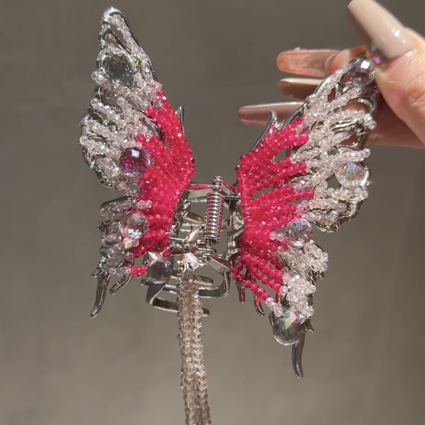 茜子风系列高定玫红蝴蝶抓夹网红发饰头饰