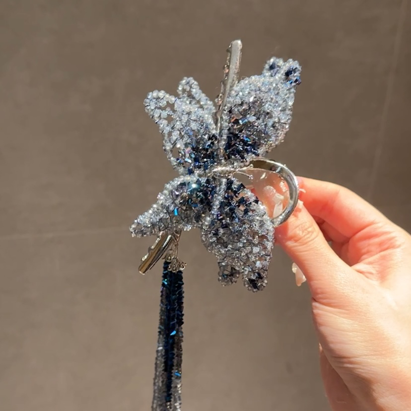 茜子风系列高定蓝双蝴蝶流苏抓夹网红发饰头饰