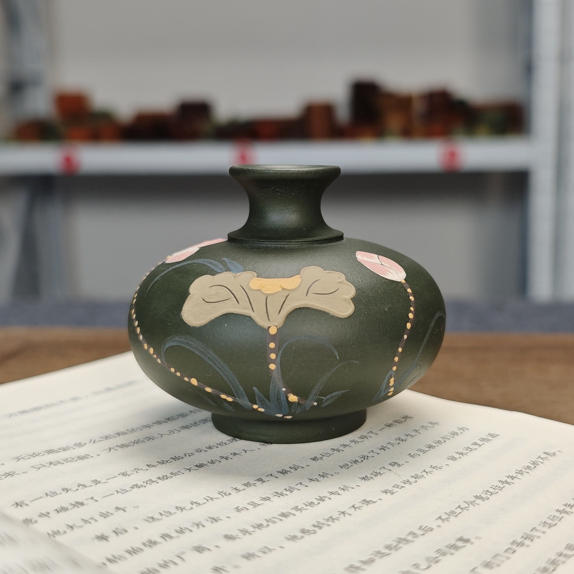 【民国绿泥绘】精品全手工无孔花瓶桌面花插摆件绿植花盆包邮高温