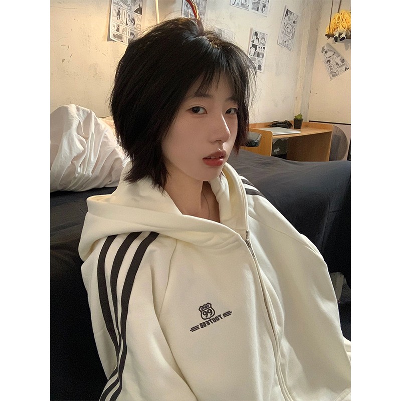 潮牌美式复古拼接条纹连帽卫衣女宽松oversize慵懒风加绒加厚外套