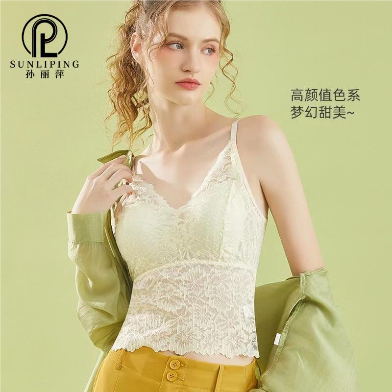 新款一体式固定杯蕾丝蝴蝶美背女士背扣长款时尚百搭透气吊带背心