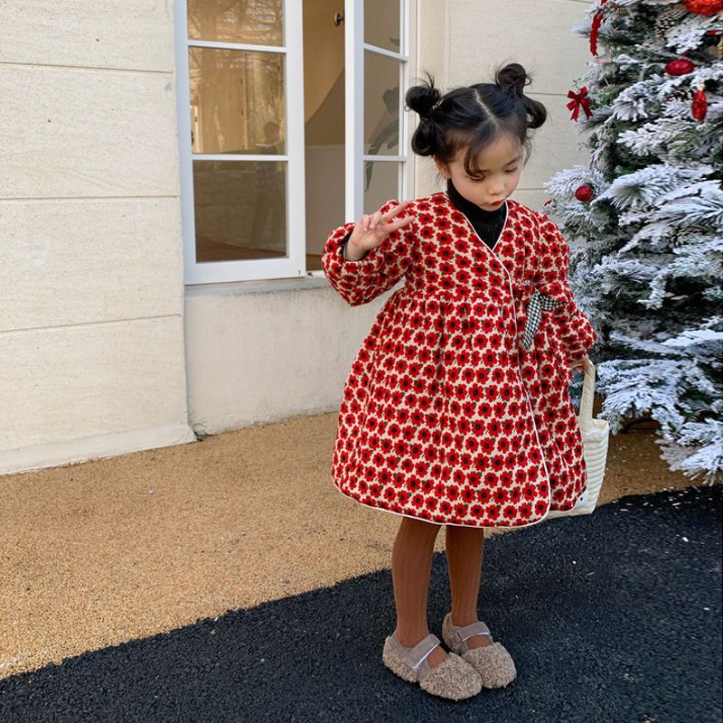 儿童碎花款棉服连衣裙女童冬季新款过年喜庆拜年服加厚棉衣外套裙