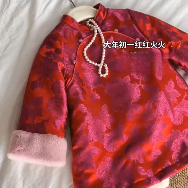 女童冬季夹棉加绒连衣裙仿真丝提花女宝宝拜年服中式旗袍汉服礼服