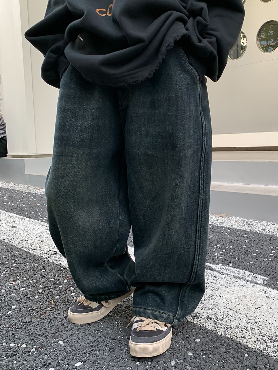 男童加绒直筒牛仔裤2023新款中小童弹力宽松裤子冬季一体绒长裤潮