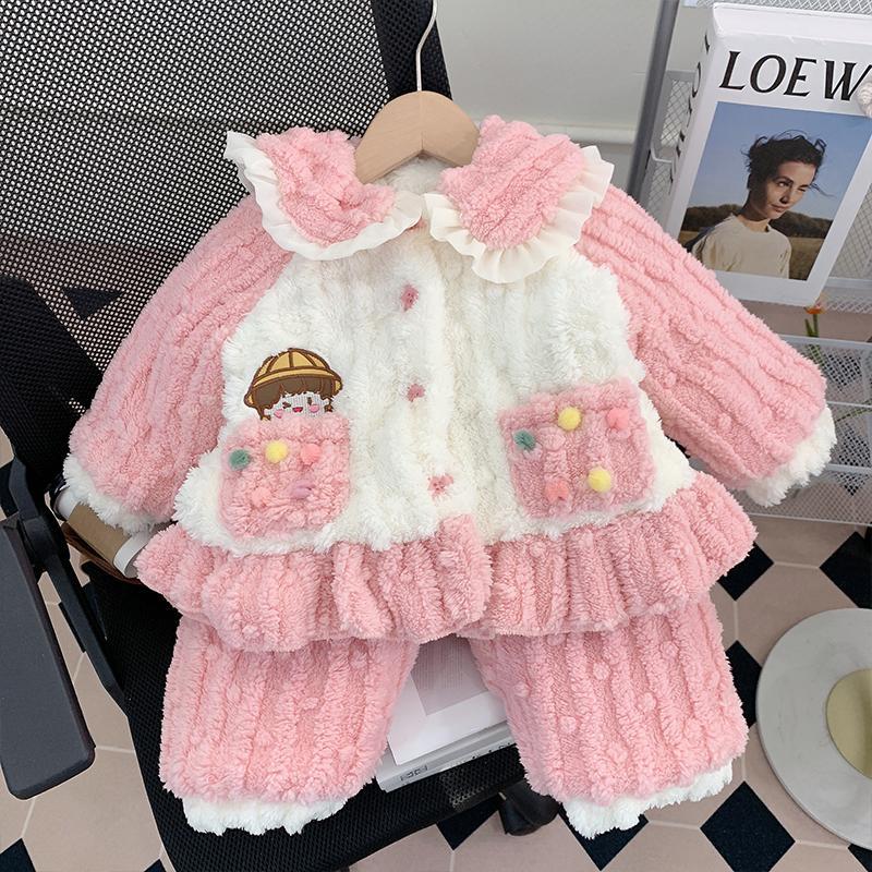 儿童睡衣女童冬季加厚款女孩三层夹棉宝宝保暖家居服