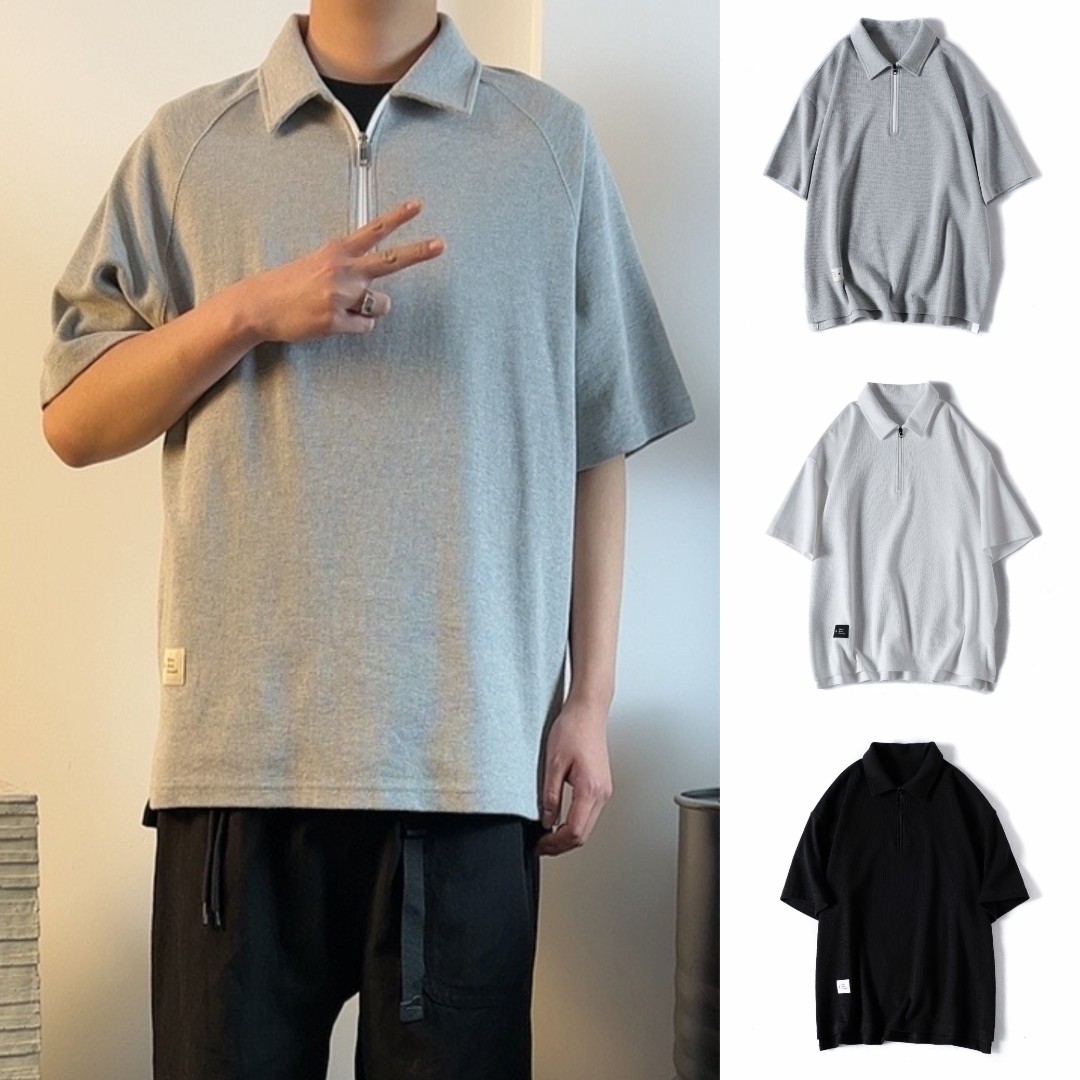 【CityBoy】华夫格拉链休闲Polo衫 纯色翻领 宽松版型港风夏季半袖T