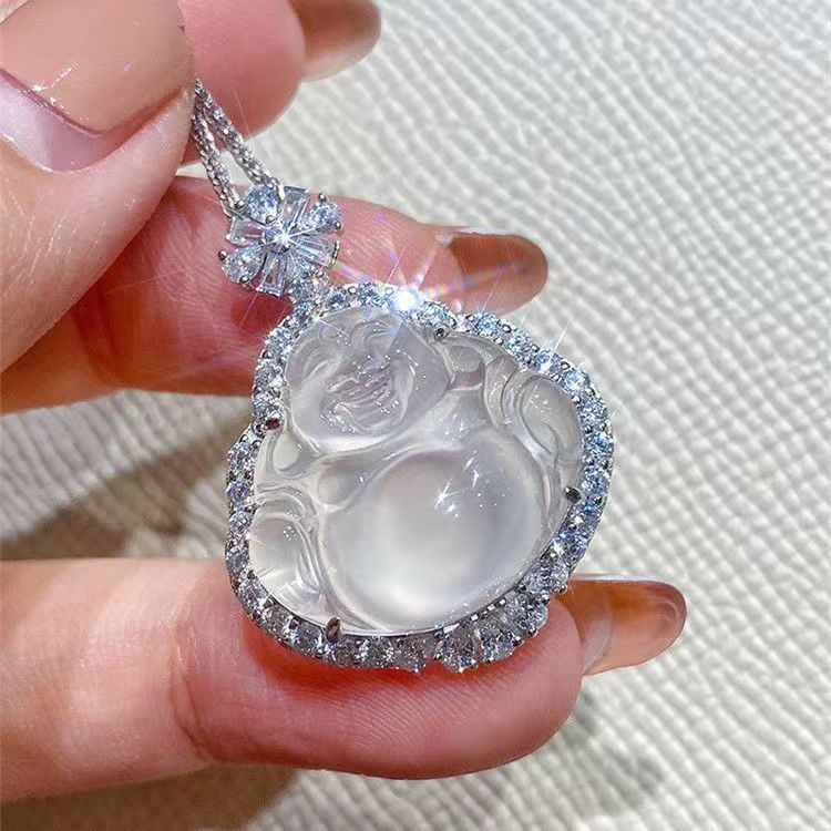 冰种玉髓玛瑙玉石招财大肚佛公吊坠毛衣项链设计感小众女媲美翡翠