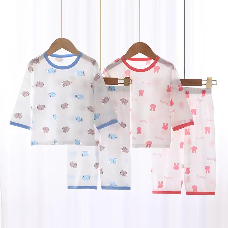 A类无骨男女童夏季薄款家居服莱赛尔七分袖套装A类空调服M-HD868