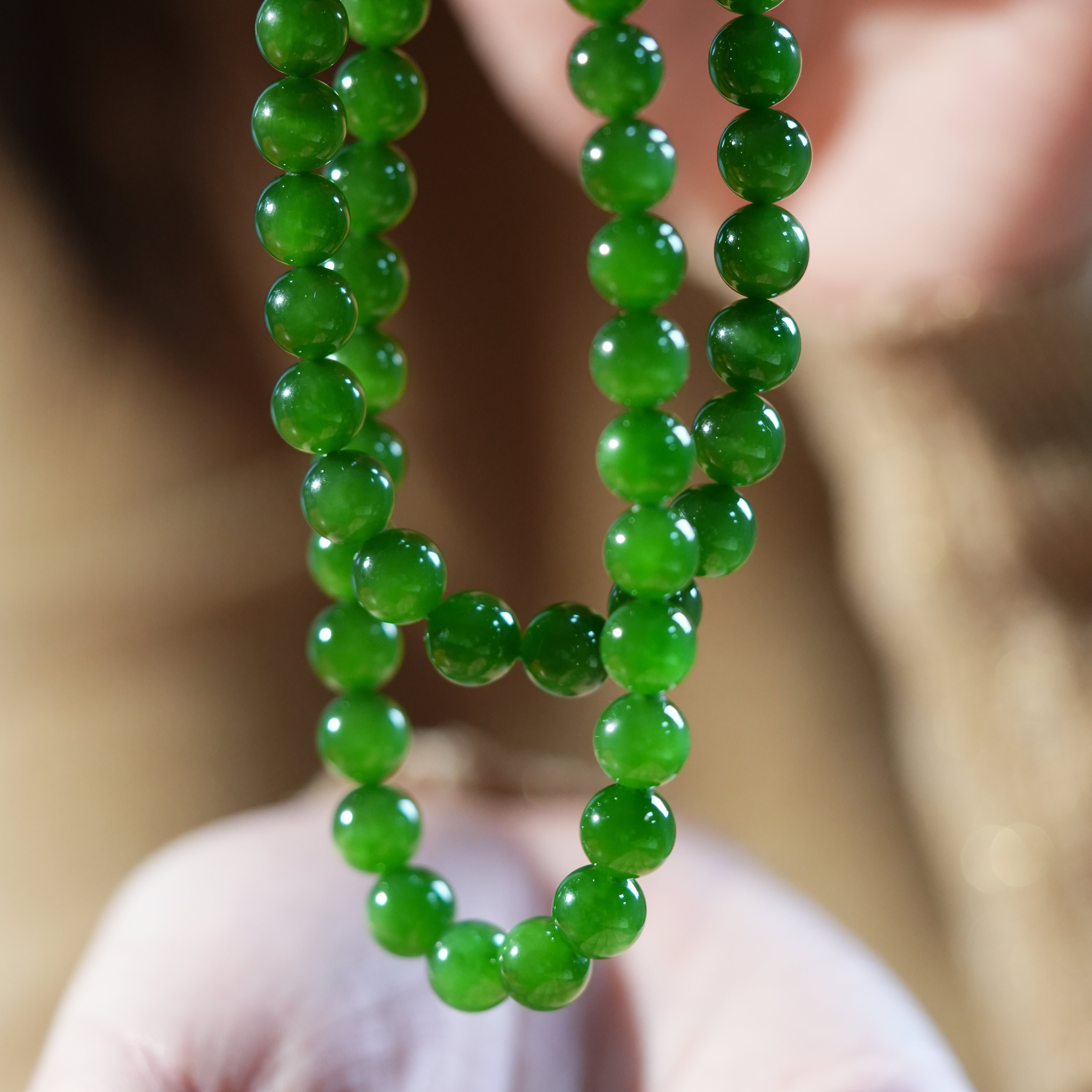 【大表姐珠宝】冰底辣阳绿天然和田玉碧玉8mm项链妈妈链简约百搭