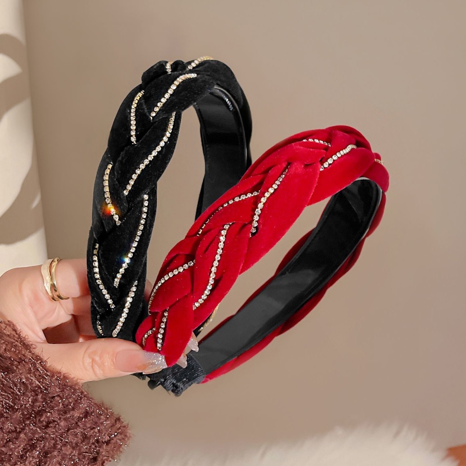 植绒水钻高级感发箍酒红色气质高级感头箍2024年新款发箍时尚百搭