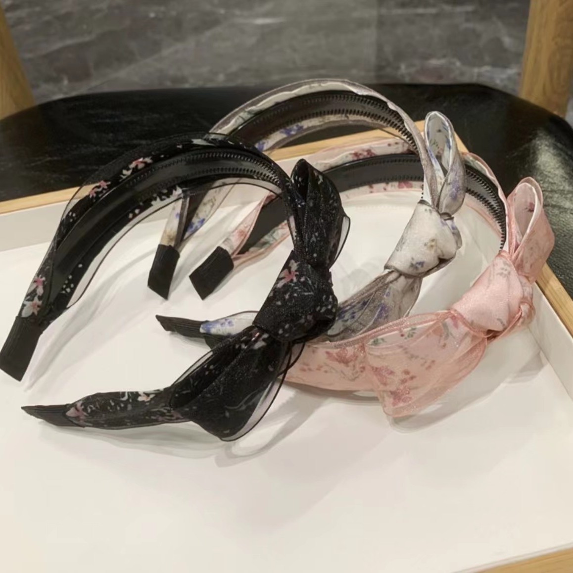 非金属发饰 网红2023年新款复古碎花蝴蝶结简约黑色韩版气质发箍