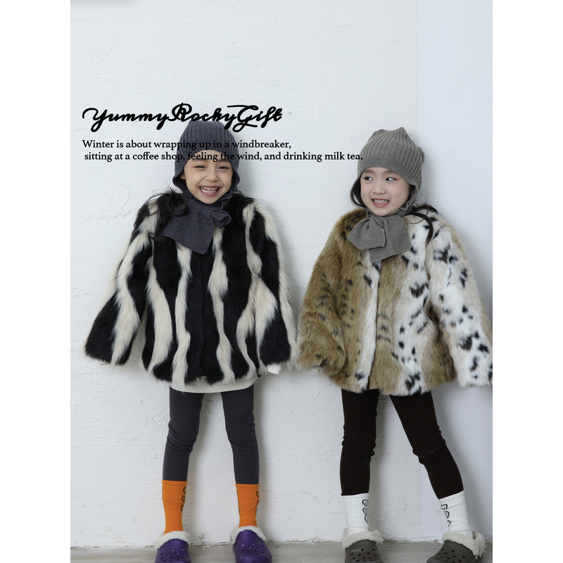 yummy&rocky儿童环保仿皮草外套秋冬高级感中大童皮毛一体外套