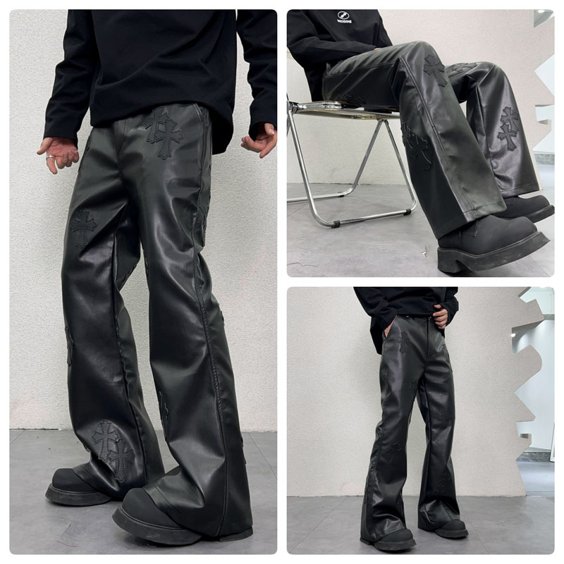 十字架皮标休闲黑色皮裤直筒裤欧货高街机车时髦减龄长裤子秋冬