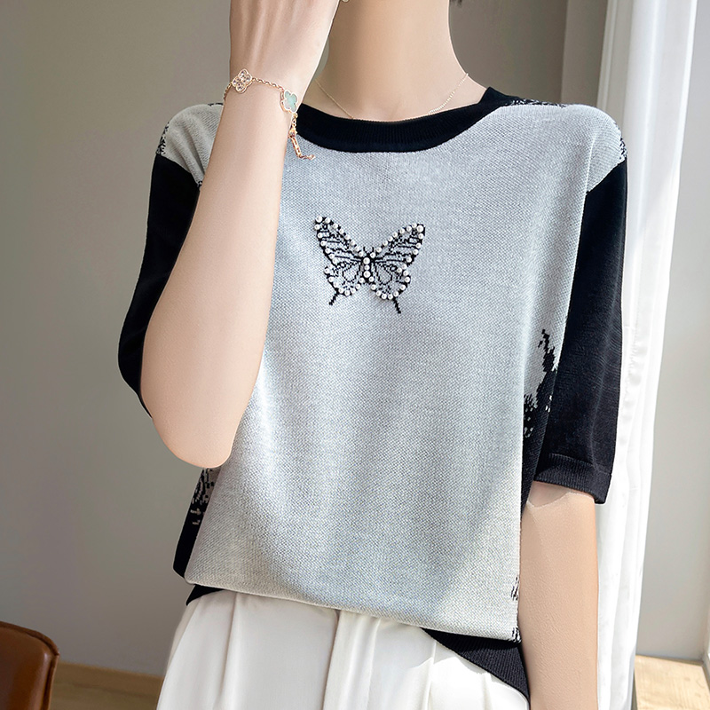 短袖T恤女装夏季针织撞色宽松休闲圆领上衣半袖显瘦气质背心体恤