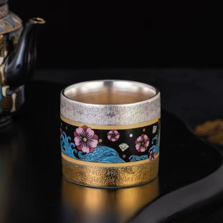 良瓷美品瓷包银皮球花鱼游四海扳指杯主人杯个人喝茶杯子陶瓷单杯
