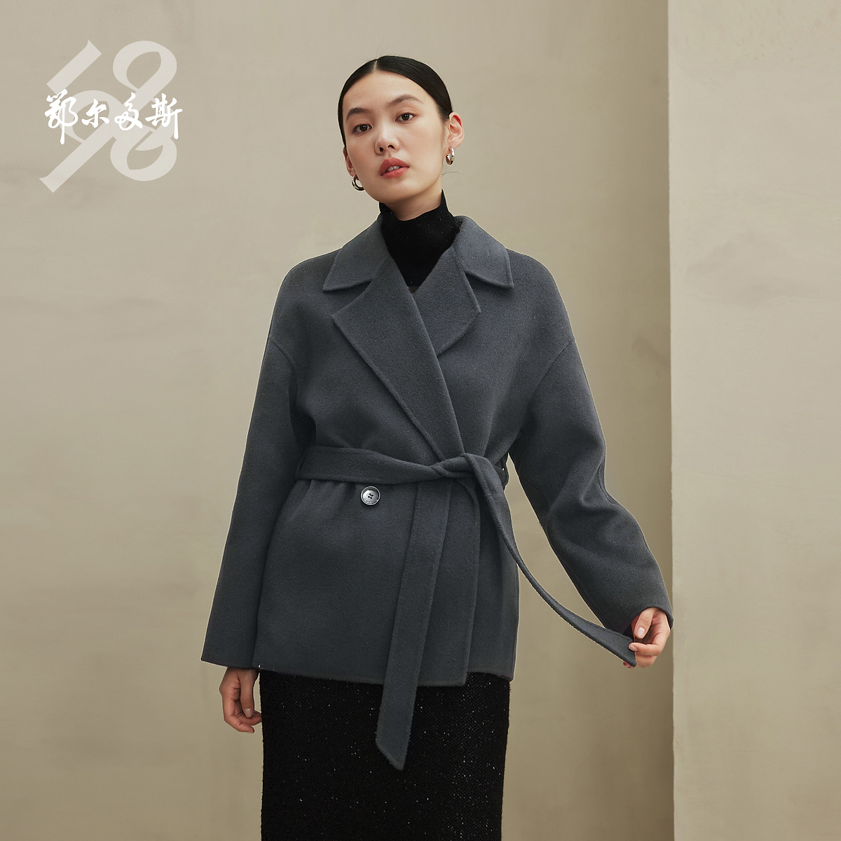 鄂尔多斯1980双面呢翻领一手长大衣女含腰带纯羊绒大衣秋冬